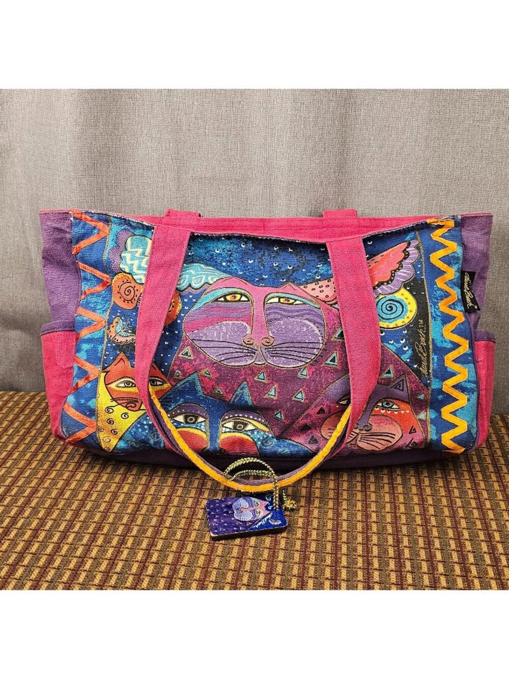 Laurel Burch Colorful Cats Canvas Tote Bag With Dual Handles & Zippered Pocket V